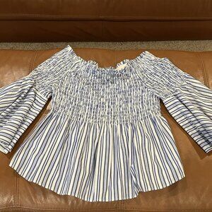 GAP Womens Off Shoulder Ruffle Sleeve Blue White Stripe Cotton Top Sz XS